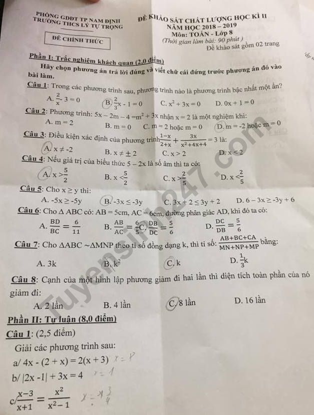 Đề thi kì 2 môn Toán lớp 8 năm 2019 - THCS Lý Tự Trọng