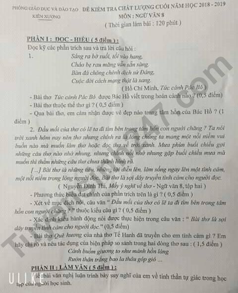 Đề thi kì 2 môn Văn lớp 8 năm 2019 - Phòng GD Kiến Xương