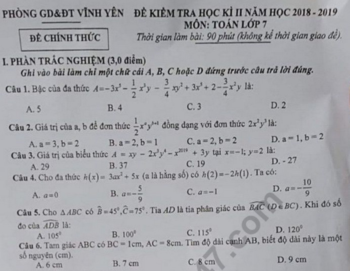 Đề kì 2 lớp 7 môn Toán - Phòng GD Vĩnh Yên năm 2019