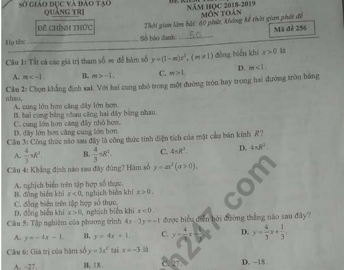 Đề thi kì 2 lớp 9 môn Toán  - Sở GD Quảng Trị 2019