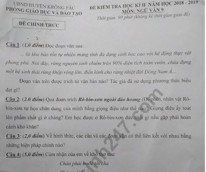 Đề thi kì 2 môn Văn lớp 10 - Sở GD Bình Phước 2019