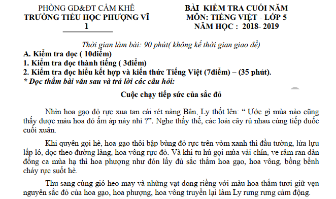 Đề thi kì 2 lớp 5 môn Tiếng Việt - TH Phượng Vĩ 2019 Có đáp án