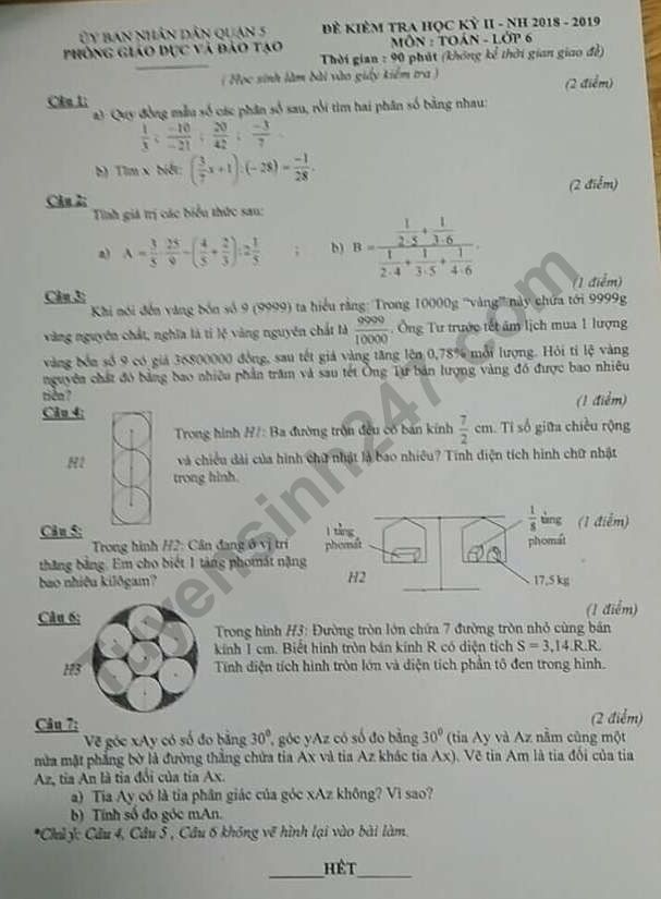 Đề thi kì 2 môn Toán lớp 6 năm 2019 - Quận 5