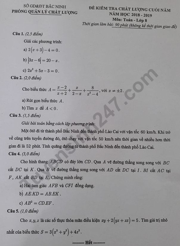 Đề thi kì 2 môn Toán lớp 8 năm 2019 - Sở GD Bắc Ninh