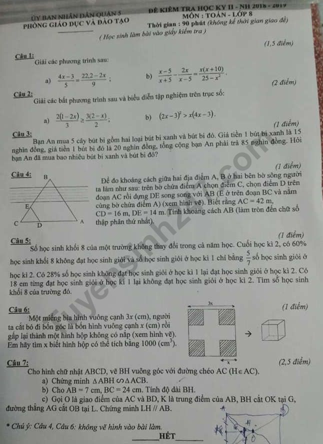Đề thi kì 2 môn Toán lớp 8 năm 2019 - Quận 5