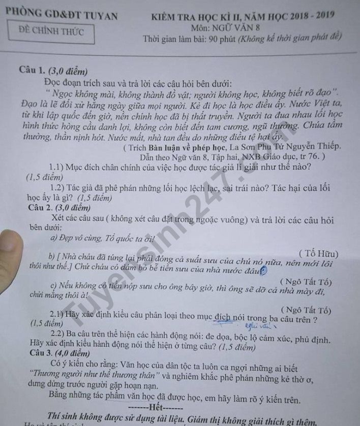 Đề thi kì 2 môn Văn lớp 8 năm 2019 - Phòng GD Tuy An