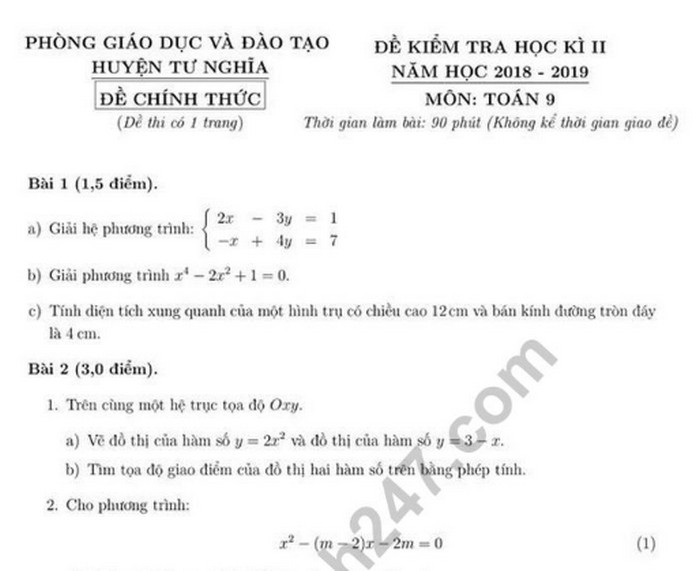 Đề kì 2 lớp 9 môn Toán - Phòng GD Tư Nghĩa 2019