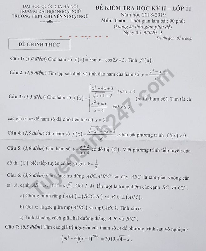 Đề thi học kì 2 môn Toán lớp 11 - THPT Chuyên Ngoại ngữ 2019