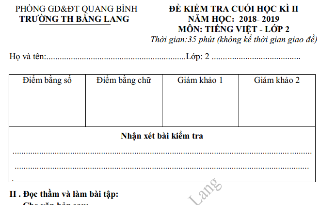 Đề thi kì 2 môn Tiếng Việt lớp 2 - TH Bằng Lang 2019