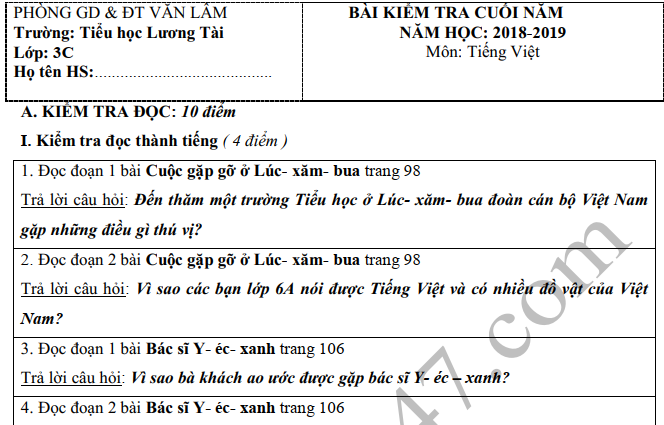 Đề thi kì 2 môn Tiếng Việt lớp 3 năm 2019 - TH Lương Tài