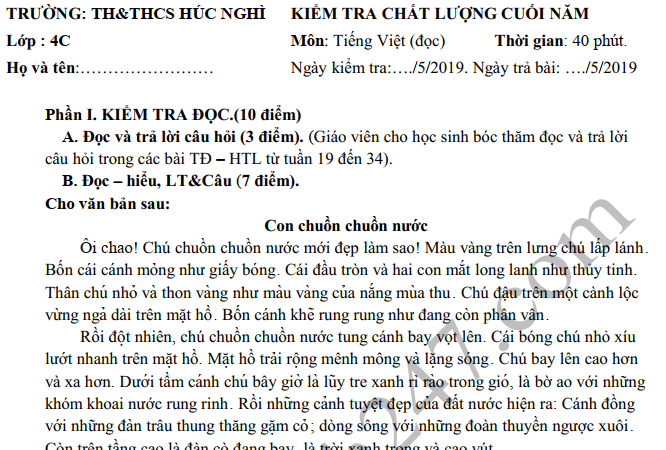 Đề thi kì 2 môn Tiếng Việt lớp 4 năm 2019 - TH Húc Nghì
