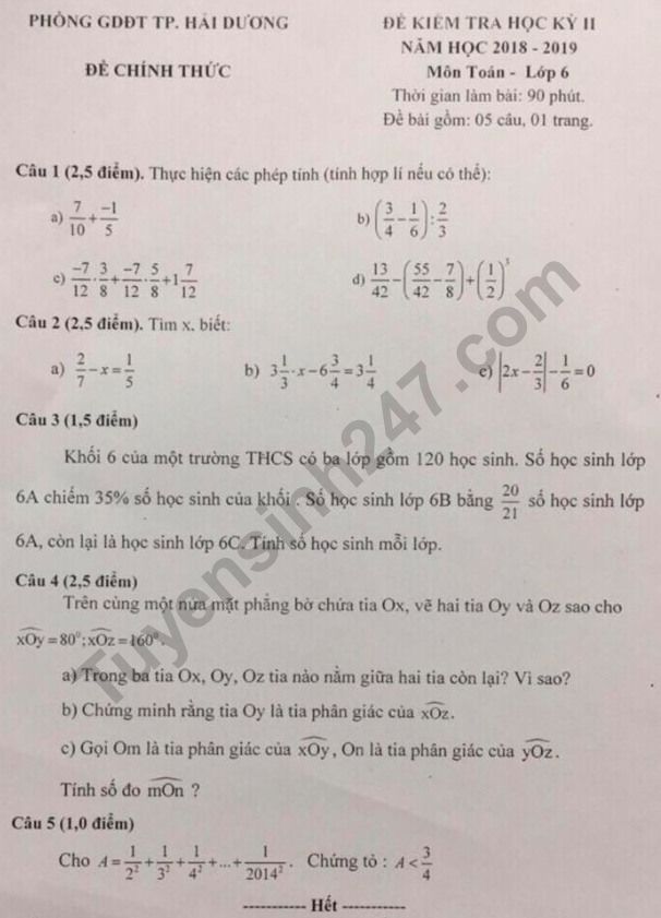 Đề thi kì 2 môn Toán lớp 6 - TP Hải Dương năm 2019