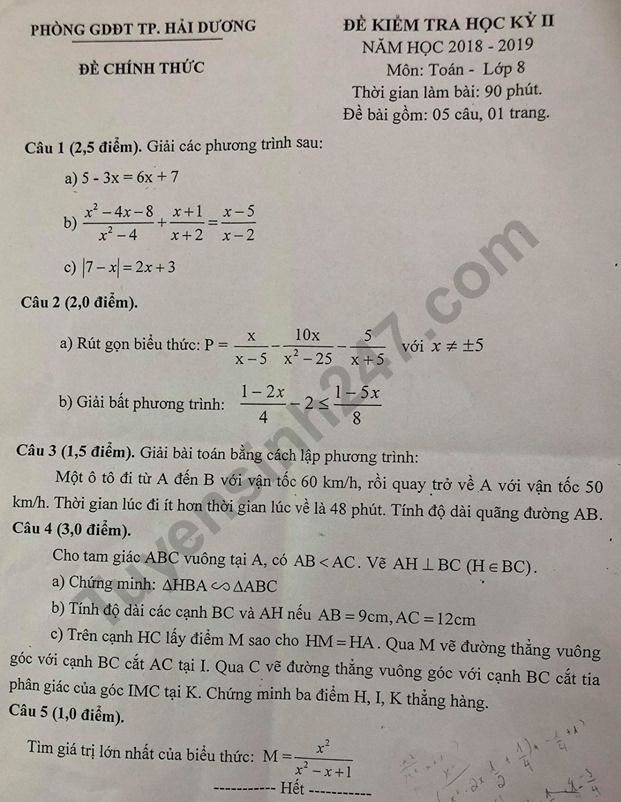 Đề thi kì 2 lớp 8 môn Toán 2019 - Phòng GD Hải Dương (Có đáp án)