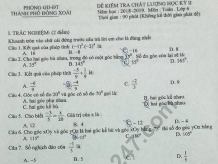 Đề kì 2 môn Toán lớp 6 - Phòng GD Đồng Xoài 2019