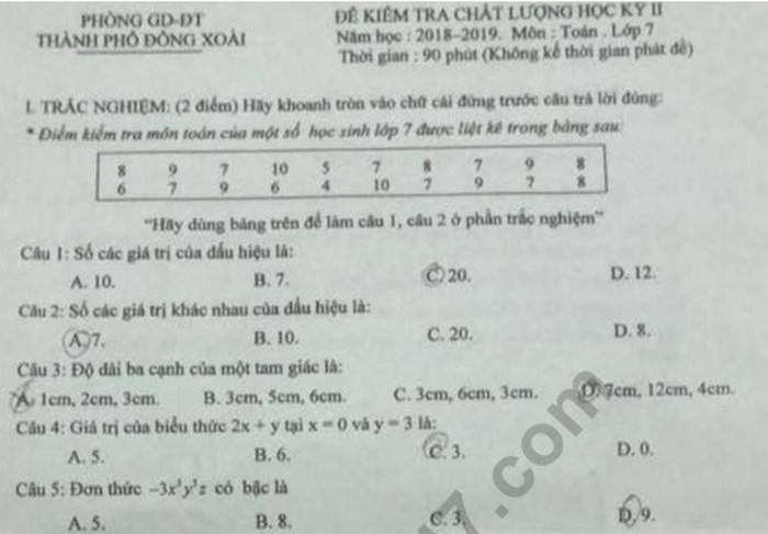 Đề kì 2 môn Toán lớp 7 - Phòng GD Đồng Xoài 2019