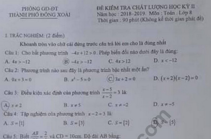 Đề kì 2 môn Toán lớp 8 -- Phòng GD Đồng Xoài 2019