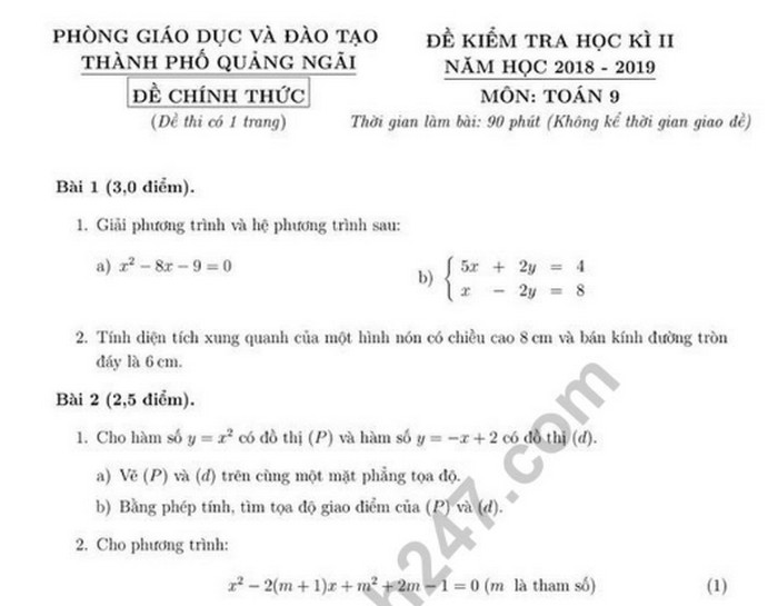 Đề kì 2 lớp 9 môn Toán - Phòng GD Quảng Ngãi 2019