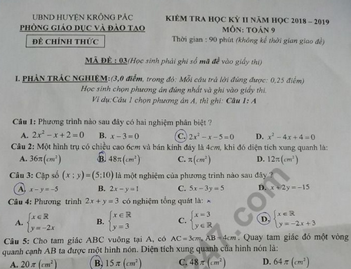 Đề kì 2 lớp 9 môn Toán năm 2019 huyện Krông Pắc