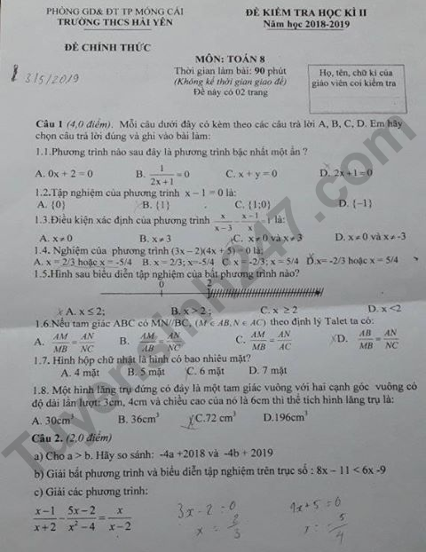 Đề thi môn Toán kì 2 lớp 8 - THCS Hải Yên 2019