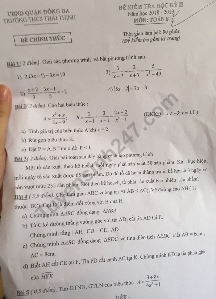 Đề thi kì 2 lớp 8 môn Toán - THCS Thái Thịnh năm 2019