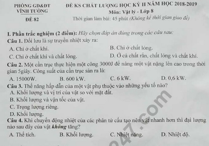 Đề kì 2 lớp 8 môn Lý - Phòng GD Vĩnh Tường năm 2019