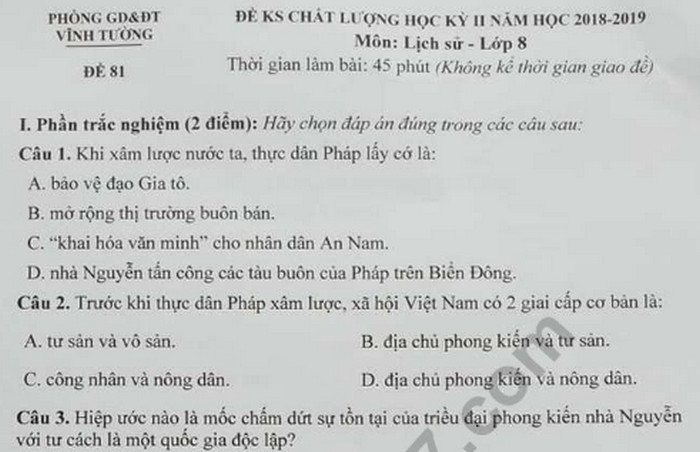 Đề kì 2 lớp 8 môn Sử - Phòng GD Vĩnh Tường 2019