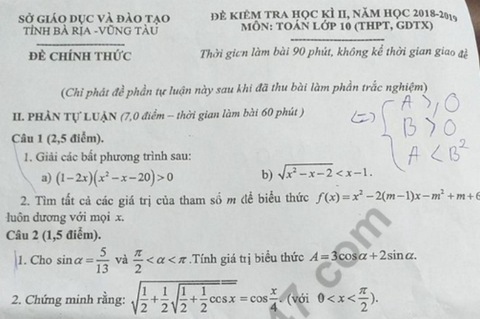 Đề kì 2 môn Toán lớp 10 năm 2019 Tỉnh Bà Rịa - Vũng Tàu