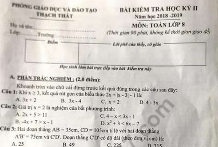 Đề kì 2 lớp 8 môn Toán - Phòng GD Thạch Thất năm 2019