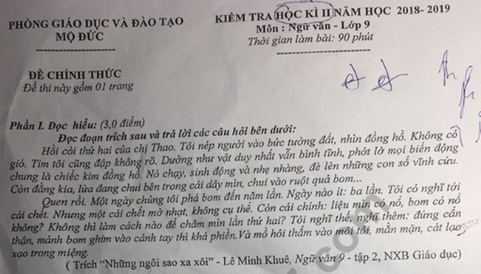 Đề thi kì 2 lớp 9 môn Văn  - Phòng GD Mộ Đức 2019