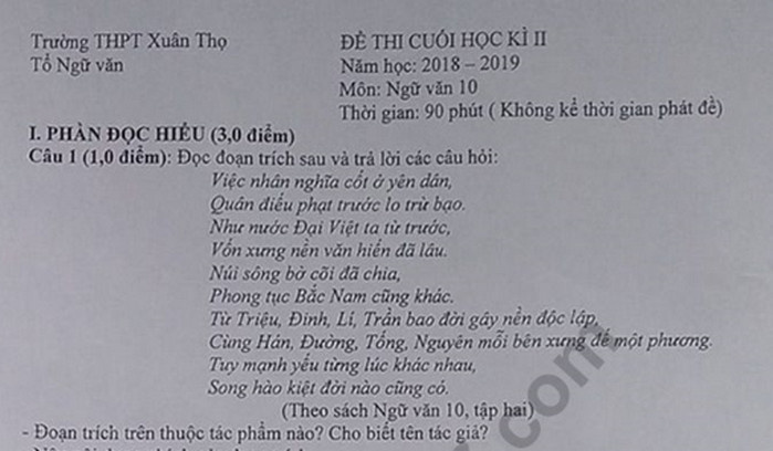 Đề thi kì 2 lớp 10 môn Văn - THPT Xuân Thọ 2019