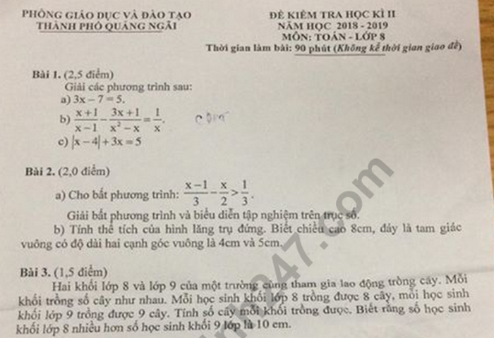 Đề kì 2 lớp 8 môn Toán - Phòng GD Quảng Ngãi năm 2019