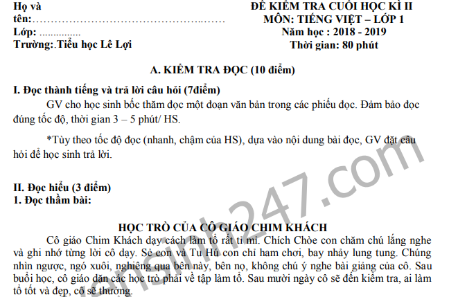 Đề thi lớp 1 học kì 2 môn Tiếng Việt - TH Lê Lợi 2019 (Có đáp án)