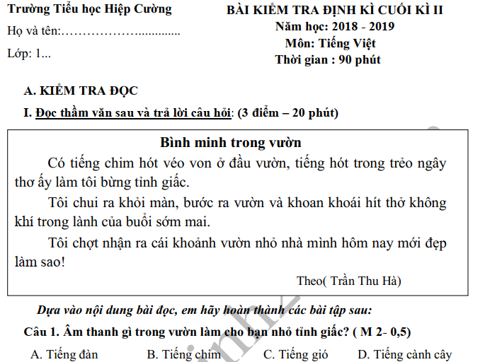 Đề thi kì 2 môn Tiếng Việt lớp 1 năm 2019 - TH Hiệp Cường