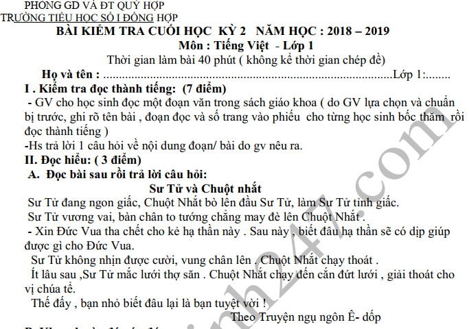 Đề thi kì 2 môn Tiếng Việt lớp 1 - TH Số 1 Đồng Hợp 2019