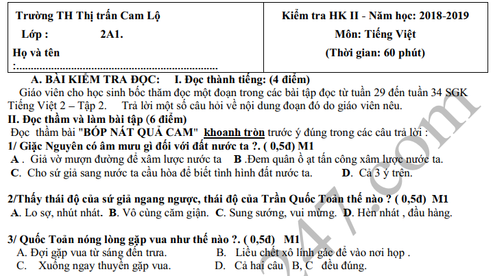 Đề thi kì 2 môn Tiếng Việt lớp 2 năm 2019 - TH thị trấn Cam Lộ