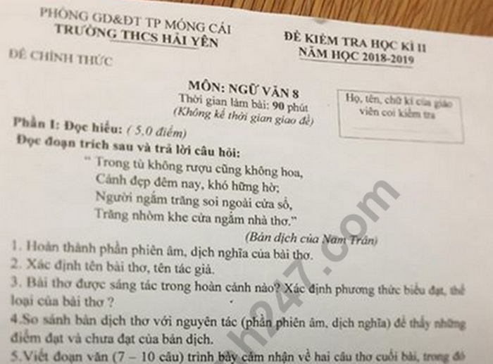 Đề thi học kì 2 lớp 8 môn Văn - THCS Hải Yến 2019