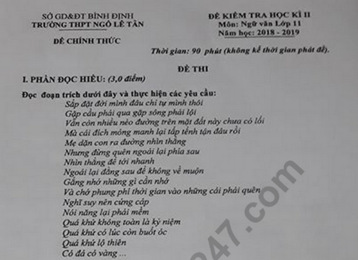 Đề thi kì 2 môn Văn lớp 11 trường THPT Ngô Lê Tân 2019