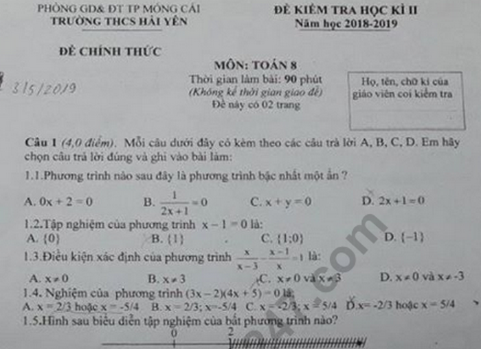 Đề kì 2 lớp 8 môn Toán - THCS Hải Yến 2019