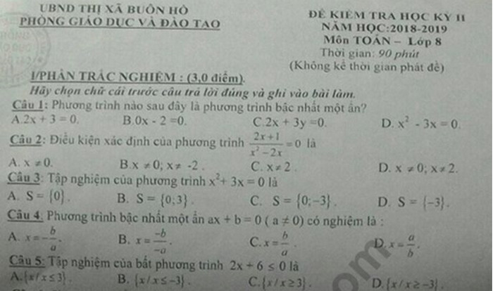 Đề kì 2 lớp 8 môn Toán -  Thị Xã Buôn Hồ 2019 ( có đáp án)