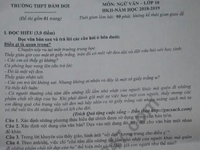 Đề thi học kì 2 lớp 10 môn Văn - THPT Đầm Dơi 2019