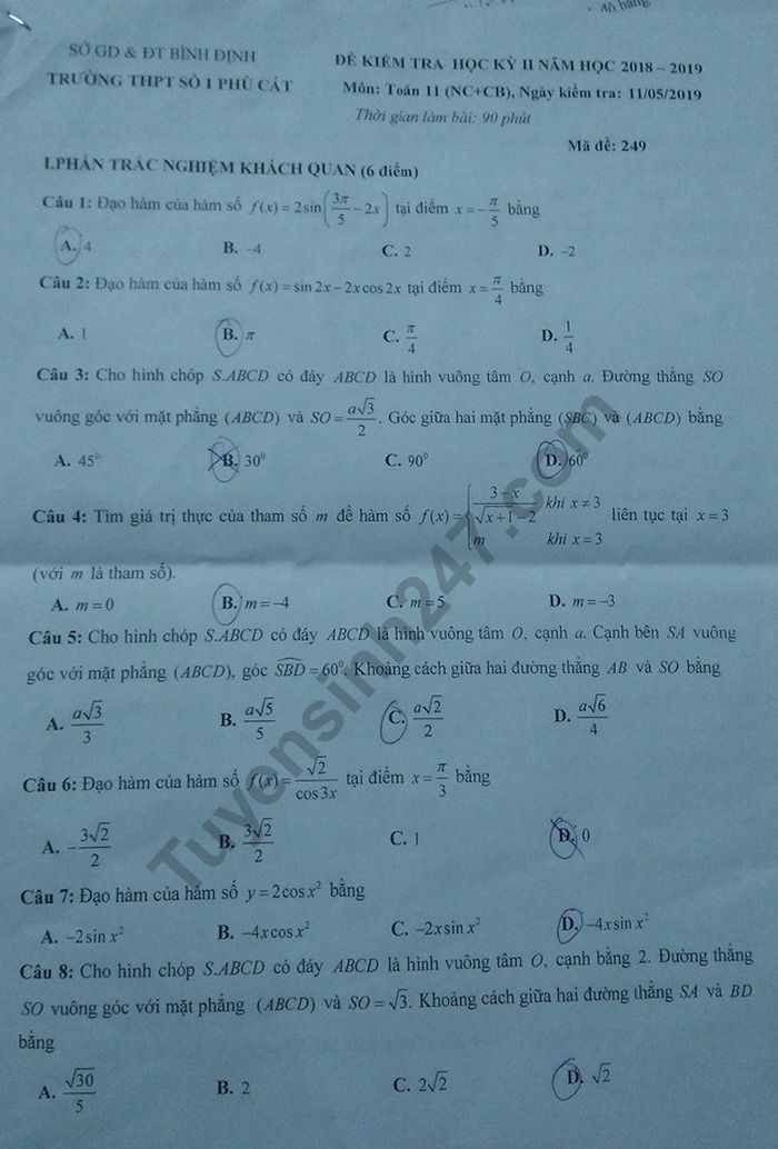 Đề thi học kì 2 lớp 11 môn Toán - THPT Số 1 Phù Cát 2019