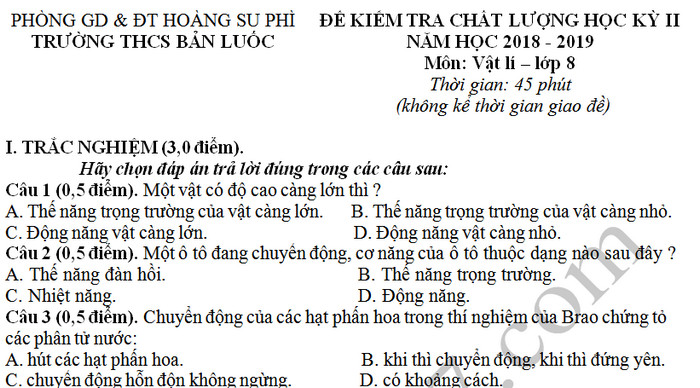 Đề kì 2 lớp 8 môn Lý - THCS Bản Luốc năm 2019