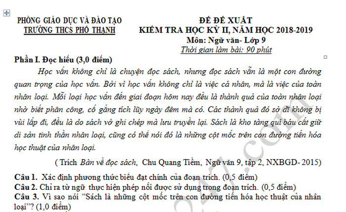 Đề thi học kì 2 lớp 9 môn Văn - THCS Phố Thạnh 2019