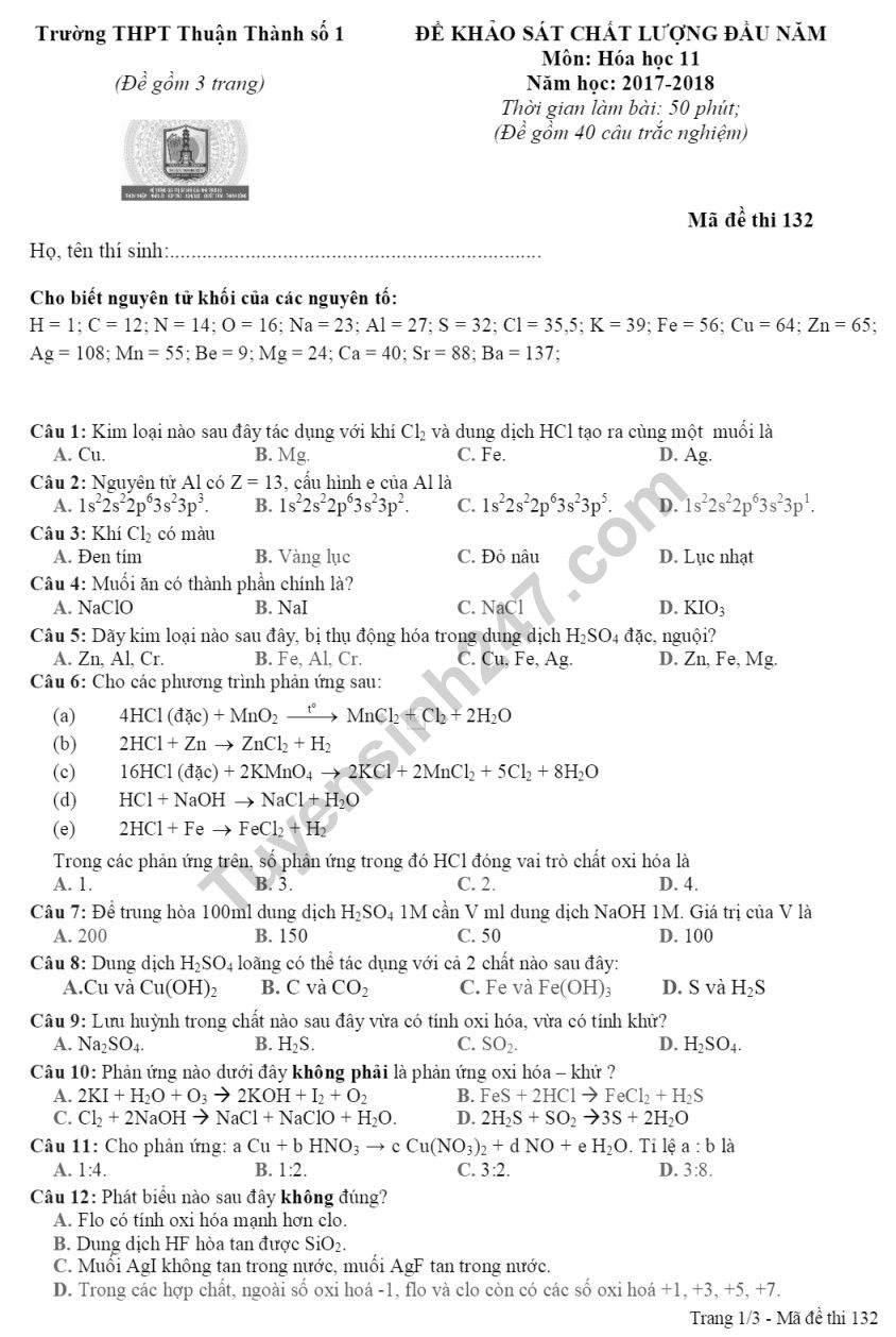 Đề thi KSCL đầu năm môn Hóa lớp 11 năm 2018 THPT Thuận Thành 1