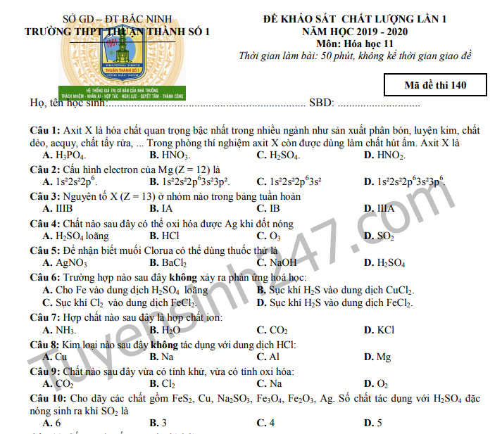 Đề KSCL đầu năm 2019 môn Hóa lớp 11 Trường THPT Thuận Thành 1 có đáp án