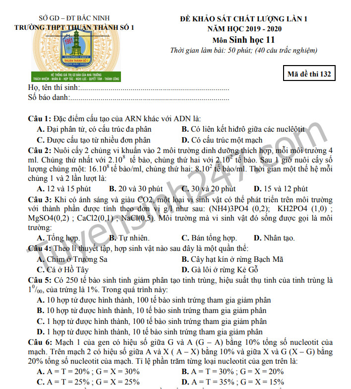 Đề khảo sát môn Sinh lớp 11 năm 2019 Trường THPT Thuận Thành có đáp án