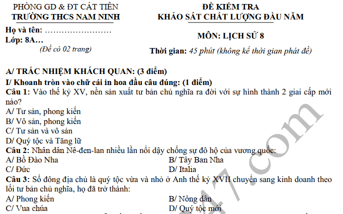 Đề KSCL đầu năm lớp 8 môn Sử 2018 - THCS Nam Ninh