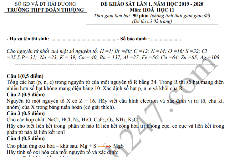 Đề khảo sát lớp 11 môn Hóa 2019 - THPT Đoàn Thượng