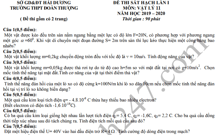 Đề thi khảo sát lớp 11 môn Lý - THPT Đoàn Thượng năm 2019