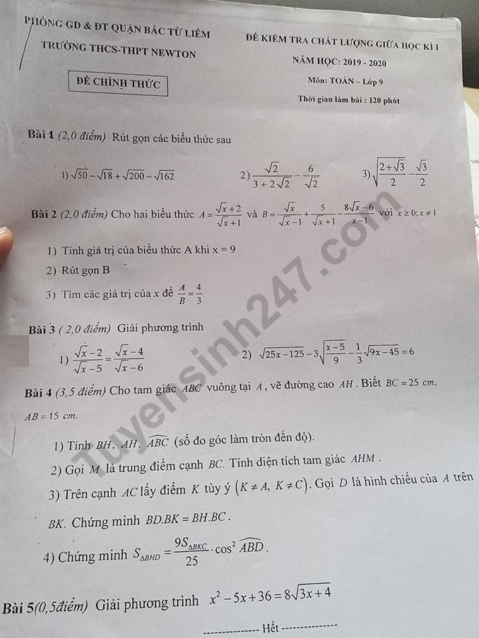 Đề thi giữa kì 1 môn Toán lớp 9 năm 2019 - 2020 THCS Newton